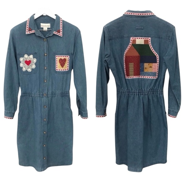 Vintage 90s Giorgio Sant Angelo Embroidered Patchwork Denim Fabric Dress Size 10 - Picture 1 of 15